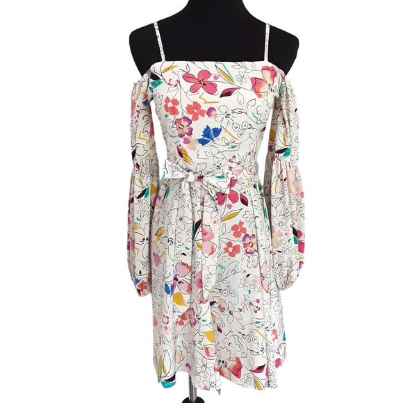 Clover and Sloane Off The Shoulder Floral Fit & Flare Dress Puff Sleeve Women XS - Picture 2 of 10
